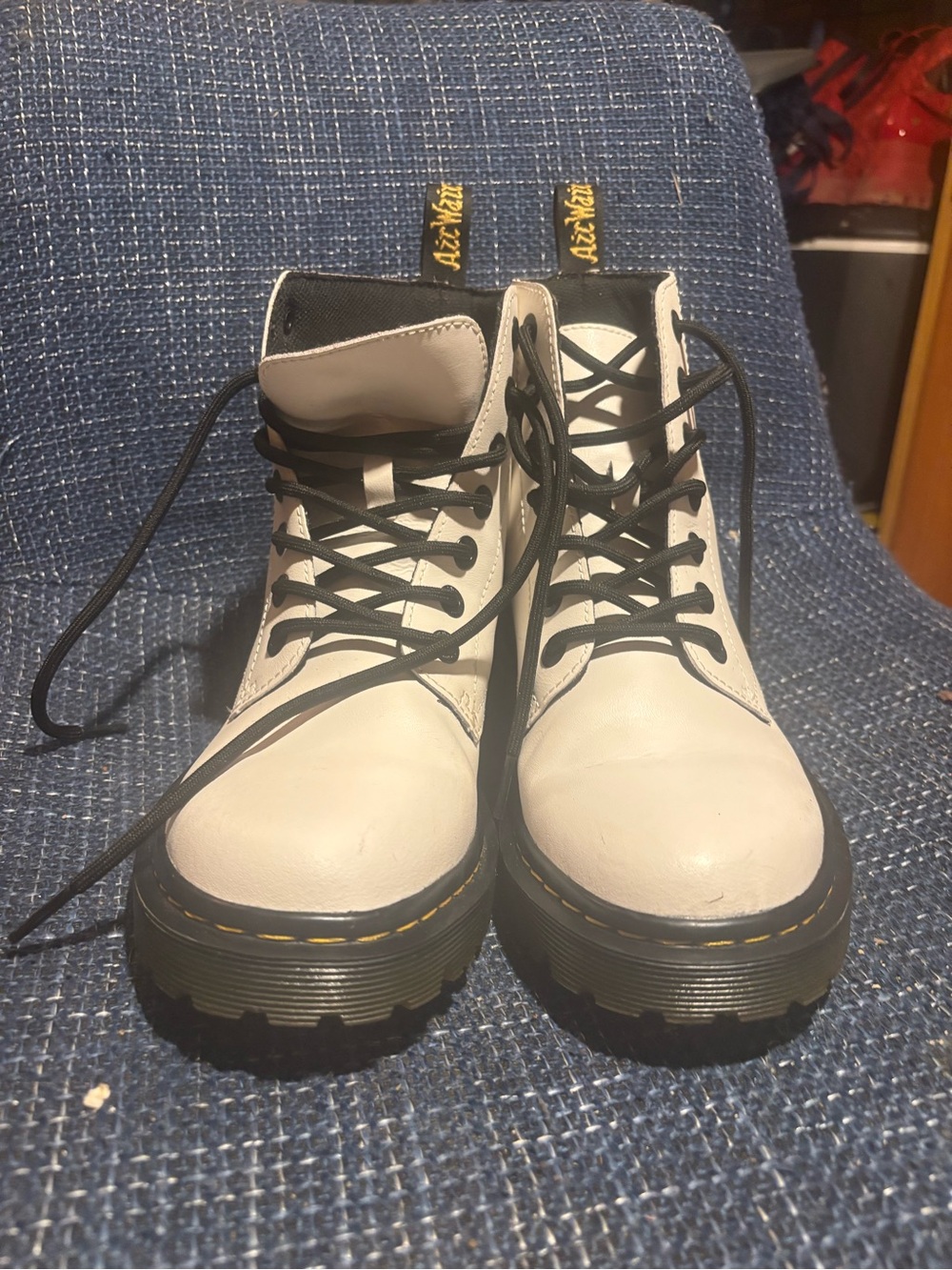 Dr. Martens White Leather Combat Boots with Black Laces